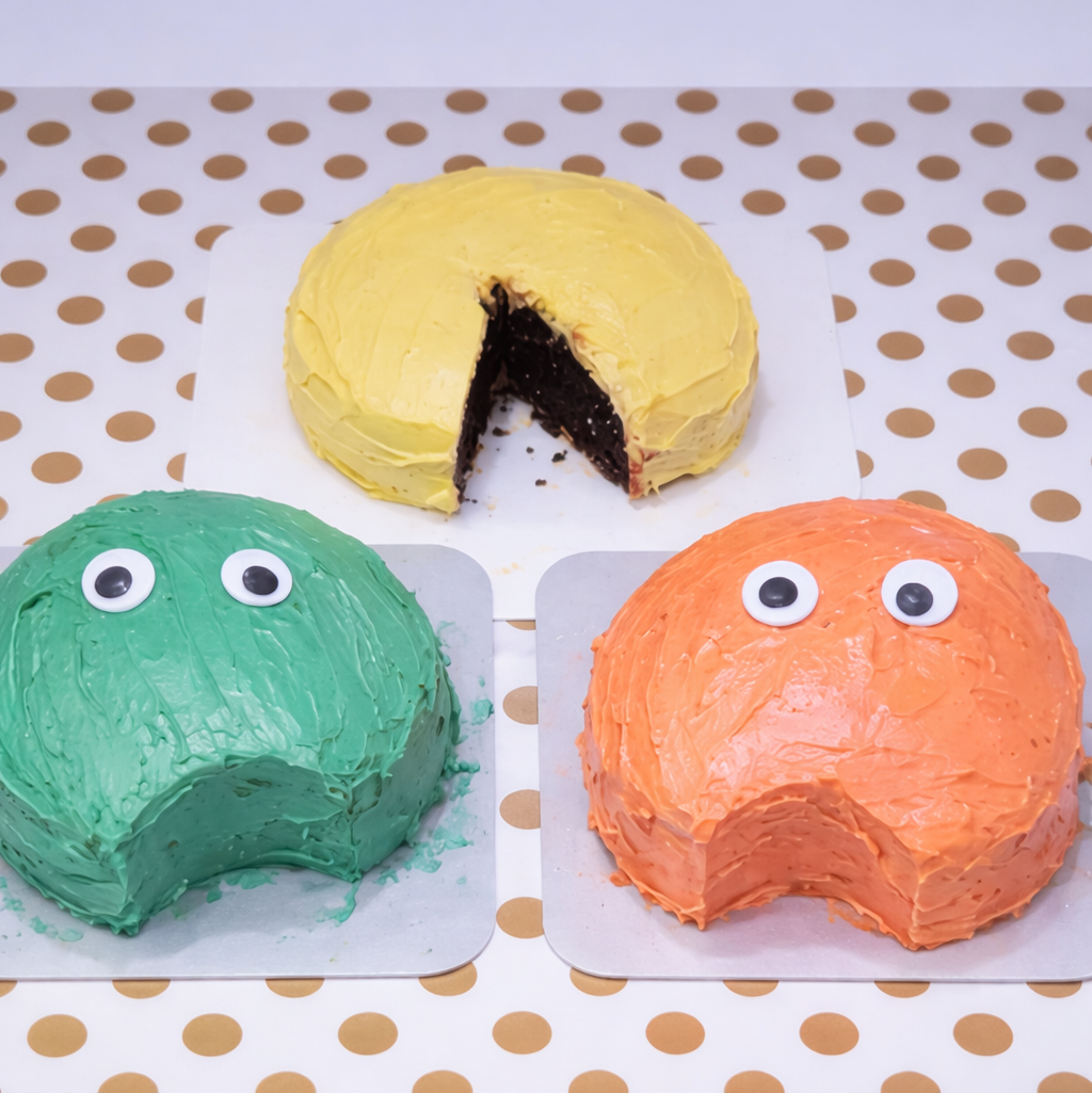 Easy Pac-Man Birthday Cake (No Fondant Needed) Pac-Man themed cakes on a polka-dot table: a yellow Pac-Man cake with a wedge removed to form the mouth, alongside green and orange ghost cakes with googly eyes.